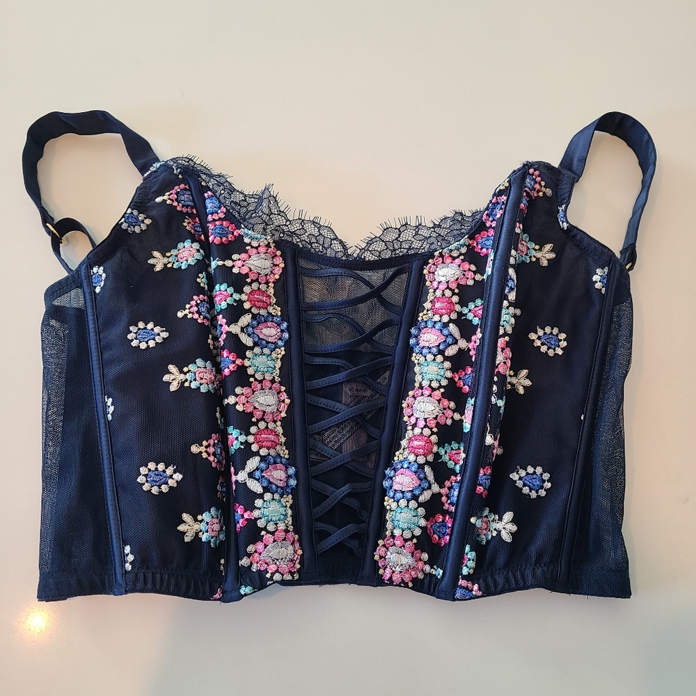NWT Victoria's Secret Dream Angels Navy Floral Lace Corset  Bra Top in Medium